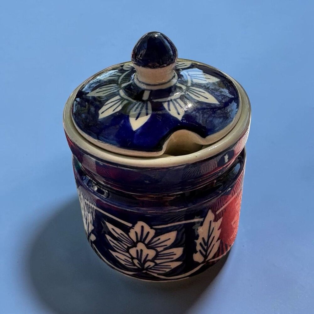 Cobalt Blue Ceramic Condiment Jar With Lid Made In India